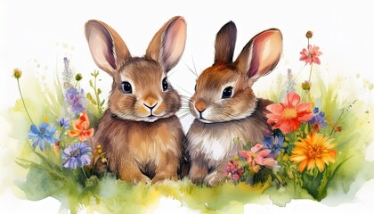watercolor rabbits sitting together on grass with flowers for spring design