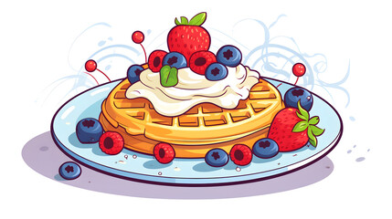 Exquisite breakfast waffle topped with fresh fruits, appetizing and delicious food photography
