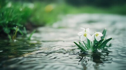 Delicate Snowdrop Flower Resting on Pure Water Surrounded by Lush Green Grass in Winter