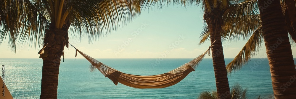 Poster relaxing in a hammock tied between palm trees with a serene ocean view on a warm tropical summer day