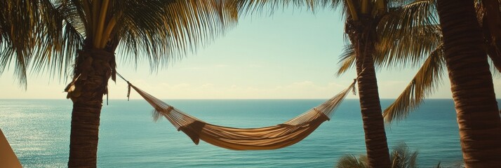 Relaxing in a hammock tied between palm trees with a serene ocean view on a warm tropical summer day