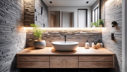 scandinavian bathroom with clean lines light grey stone tiles floating wood vanity soft lighting minimalist decor