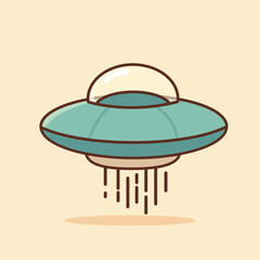 A cute UFO illustration with a simple design and pastel colors, floating in a beige sky. Vertical beams emit from the bottom, adding a futuristic and imaginative feel