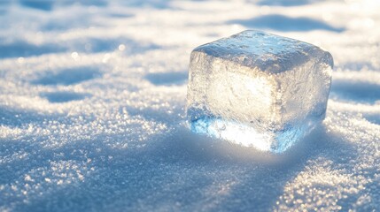 Translucent ice cube on sparkling snow winter scene