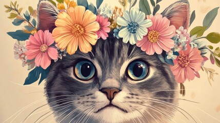 Playful cat face with a detailed flower crown, close-up with various flowers generative ai
