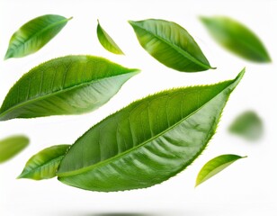 Obraz premium realistic green tea leaves in motion flying on white background