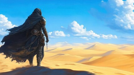 Cloaked traveler facing a desert landscape under a bright sky