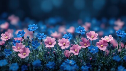 Enchanted Meadow: A Dreamlike Tapestry of Pink and Blue Flowers
