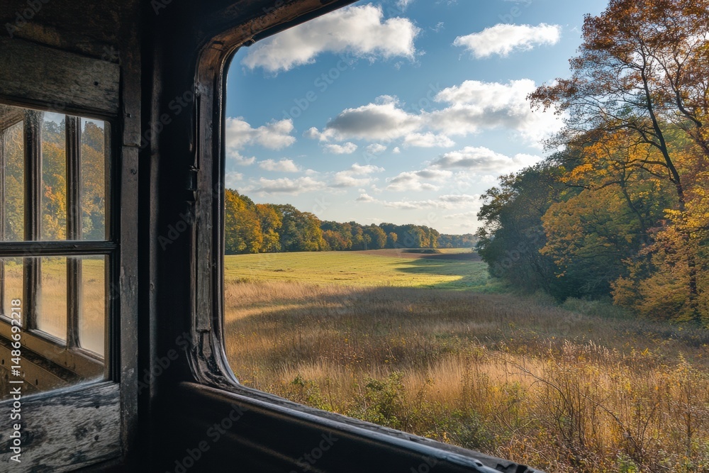 Poster exploring tranquil countryside views from an old train window amidst passing fields and trees on a s