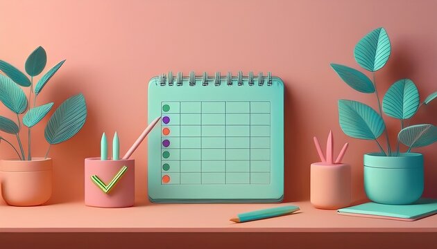 pastel calendar with checkmark minimalist desk scene