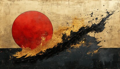 Abstract artwork featuring a bold red circle and dramatic black streaks.