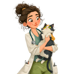 A cheerful veterinarian is holding a cute calico cat in her arms, creating a heartwarming scene of animal care and affection.
