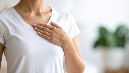Woman holding chest, understanding chest pain, discomfort, and potential health concerns