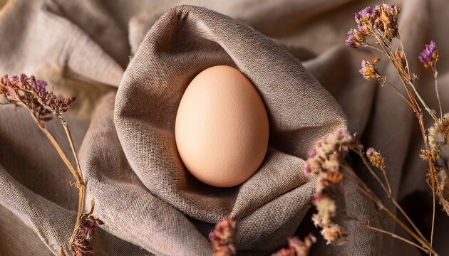 single beige egg nestled in soft fabric with dried flowers around in rustic tone