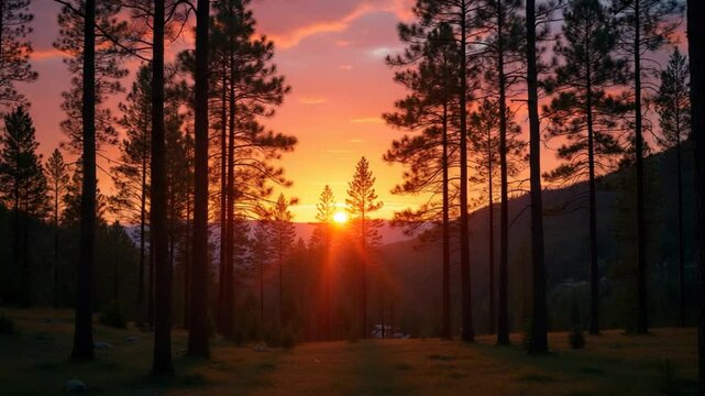 Sunset or dawn in a pine forest in spring or early summer