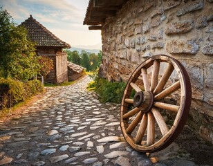 Obraz premium wooden cart wheel on a stone path in a historic village
