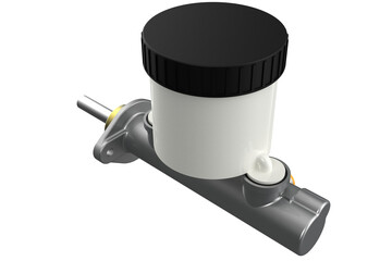 Silver Brake Master Cylinder with White Fluid Reservoir and Black Cap, Automotive Hydraulic Brake System Component with Reservoir Tank, for Vehicle Braking System on a PNG Transparent Background