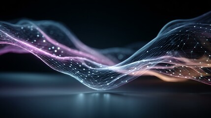 An abstract interface scene of intersecting grid lines, floating triangular menus, pulsating data points, and flowing digital ribbons, no text