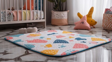 Soft childrens room mat playful patterns and vivid colors styled on a patterned marble surface
