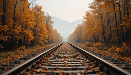 Autumn Railway Through the Forest