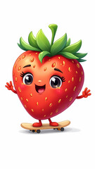 A happy cartoon strawberry with eyes and a smile rides a skateboard on a white background