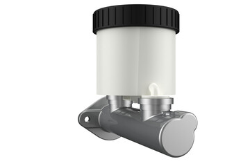 Silver brake master cylinder with white fluid reservoir and black cap, shown in high definition on a PNG transparent HD background. Isolated component.