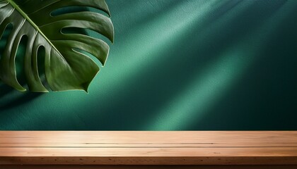 empty table on dark green texture wall background composition with monstera leaves shadow on the wall and light reflections mock up for presentation branding products cosmetics food or jewelry