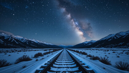 Milky Way Over Snowy Tracks