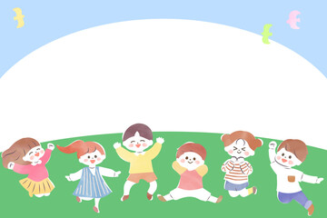 外で元気に遊ぶ子どもたちのイラスト　フレーム　背景　青空　水彩　北欧