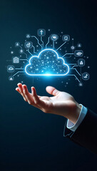 A person's hand reaching out and holding the cloud. Modern concept showing the interaction of technology.
