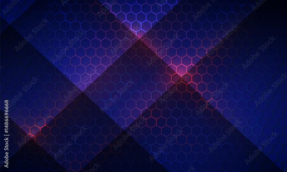 Fototapete Dark blue hexagon abstract technology background with red colored bright flashes under hexagon. Hexagonal gaming vector abstract tech background.