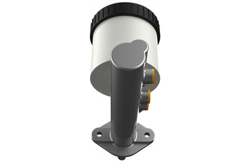 Silver brake master cylinder with white fluid reservoir and black cap, shown in high definition on...
