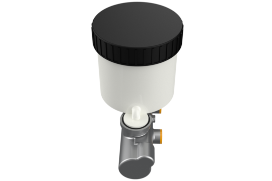 Silver brake master cylinder with white fluid reservoir and black cap, shown in high definition on a PNG transparent HD background. Isolated component.