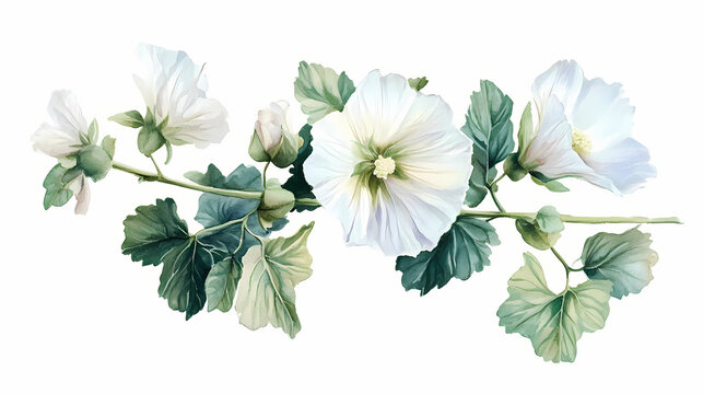 Beautiful watercolor illustration of white musk mallow with green leaves, illustration, white musk mallow, leaves, watercolor illustration. [Gravity Bloom] | Airborne Blossom | sky bloom. Illustration