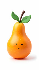 Cute 3D rendering of an orange pear with a winking face and two green leaves on a white background