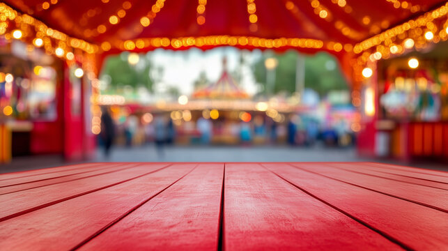 View from Inside a Caseta at the Seville April Fair with Red Table and Chairs Facing the Fairground, Traditional Feria Tent Interior with Red Furniture and Fair Background Ideal for Product Display