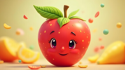 Cheerful cartoon apple character with a happy face surrounded by lemon slices and colorful candy balls