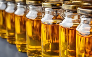 Golden Liquid in Glass Bottles, Rows of Amber Jars, Product Packaging,  Industrial Manufacturing