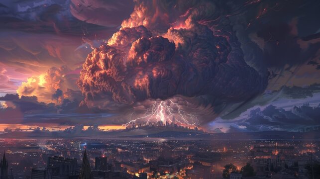 Massive storm clouds with lightning approaching city - Powered by Adobe