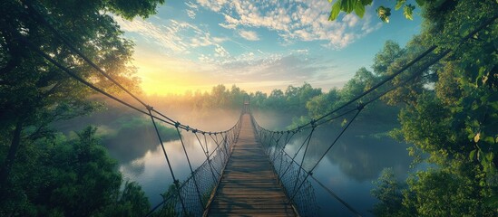Fototapeta premium Misty morning suspension bridge over tranquil river