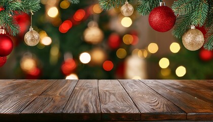 empty wooden table with christmas theme in background