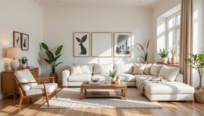 Modern bright living room with stylish furniture, plants, and art on the walls