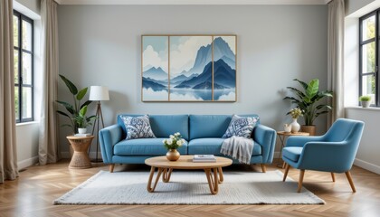 Modern Living Room with Blue Sofa and Mountain Artwork in a Bright Interior Setting