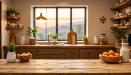 Cozy and modern kitchen interior with wooden furniture, fresh fruits, and scenic sunset view