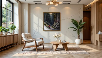 Tranquil interior design with modern furniture and beautiful artwork in cozy living space