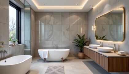 Fototapeta premium Elegant modern bathroom interior with freestanding tub, double sinks, and stylish decor