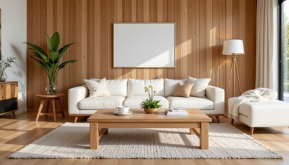 Modern Living Room with Cozy Sofa, Coffee Table, Green Plant, and Bright Natural Light