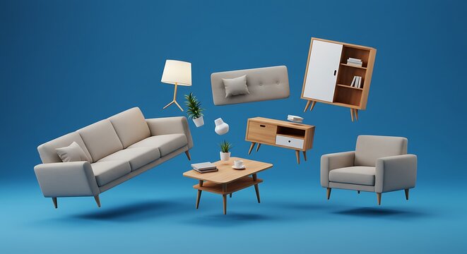 Living room furniture floating against a blue background, symbolizing creativity and home decor concepts. 3D rendering perfect for interior design or advertising visuals.