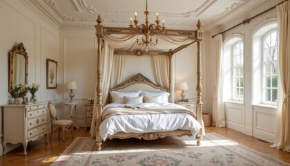 Elegant and Luxurious Vintage Bedroom with Canopy Bed and Soft Natural Lighting