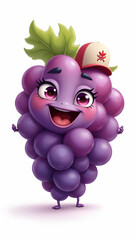 Adorable cartoon bunch of grapes with a happy face, a small hat, rosy cheeks, and cute eyes